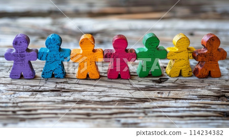 Colorful wooden figures on a rustic background symbolizing support for autism in the community 114234382