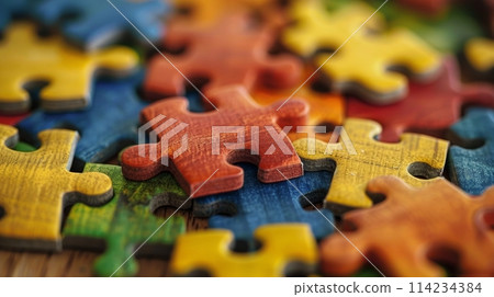 Closeup of a jigsaw puzzle with a missing piece, symbolizing autism awareness and complexity 114234384