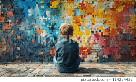 Back view of a young child sitting in front of a colorful puzzle wall, symbolizing autism awareness 114234422