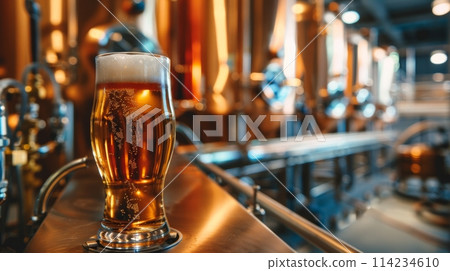 Close-up of a full pint glass in a vibrant craft beer brewery setting 114234610