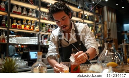 Professional bartender mixes a drink with expertise in a modern bar setting Professional bartender mixes a drink with expertise in a modern bar setting 114234617