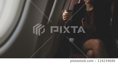 Blonde female tourist checking incoming notification on smartphone sitting on seat of airplane with netbook.Young businesswoman share media from telephone on laptop computer during plane flight 114234680