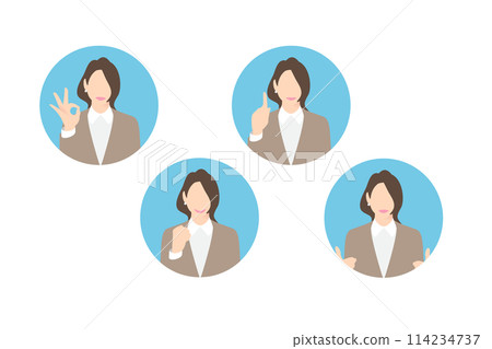 OK sign, fist pump, pointing, making a proposal, female business person/manager, icon style 114234737
