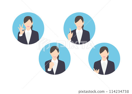 OK sign, fist pump, pointing, making a proposal, female business person/manager, icon style 114234738