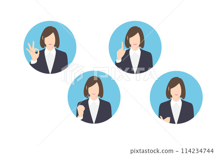 OK sign, fist pump, pointing, making a proposal, female business person/manager, icon style OK sign, fist pump, pointing, making a proposal, female business person/manager, icon style 114234744