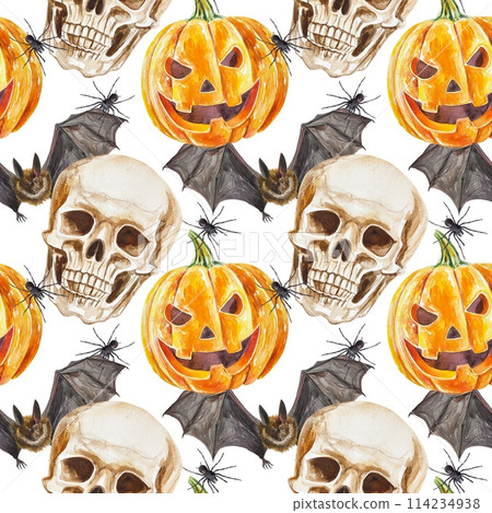 Halloween pumpkin, human skull, bat, spider. Seamless pattern. Watercolor illustration on white background. Cards, wrapping paper, fabric, covers. 114234938