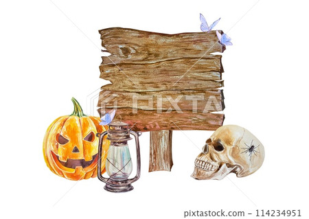 Halloween pumpkin, human skull, lamp, wooden board for text. Watercolor illustration on white background. Cards, invitations, covers, flyers, posters. Halloween pumpkin, human skull, lamp, wooden board for text. Watercolor illustration on white background. Cards, invitations, covers, flyers, posters. 114234951