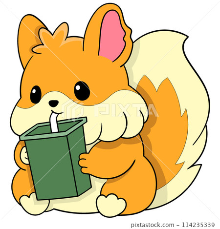 An orange baby ferret is sitting drinking delicious fresh milk 114235339