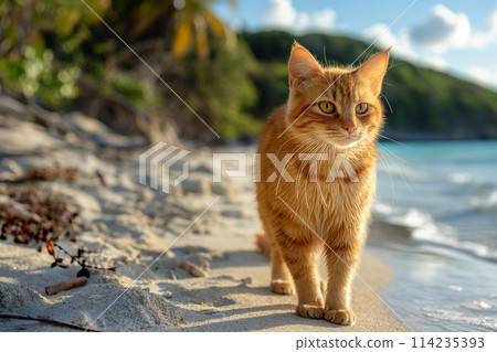 An orange cute cat at the beach on a sunny day An orange cute cat at the beach on a sunny day 114235393