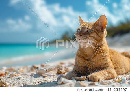 orange cat relaxing on a sand beach looking into the distance. orange cat relaxing on a sand beach looking into the distance. 114235397