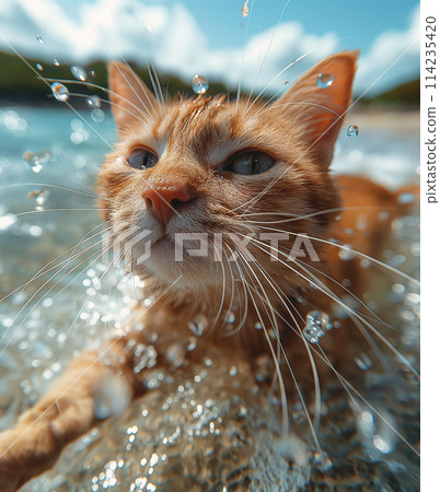 orange cat swimming in the sea at the beach in a sunny day 114235420