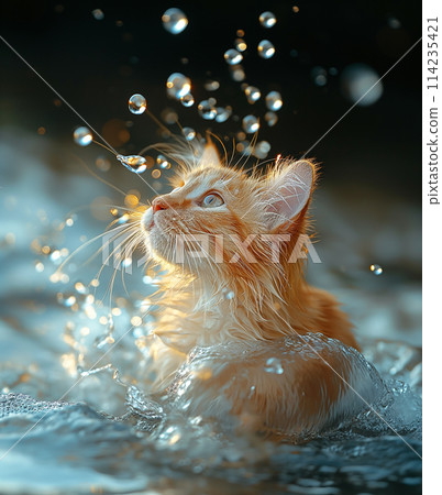 orange cat swimming in the sea at the beach in a sunny day 114235421