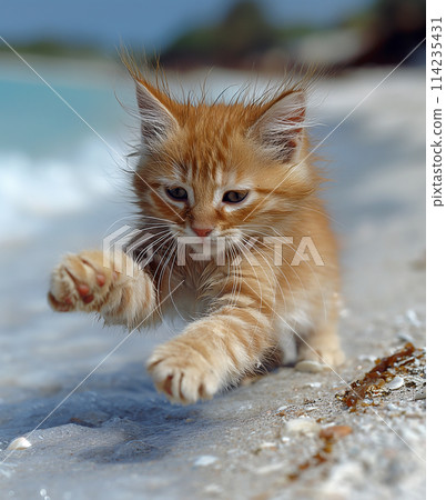 An orange kitten walking at the beach on beautiful sunny day, peaceful day, pebble An orange kitten walking at the beach on beautiful sunny day, peaceful day, pebble 114235431
