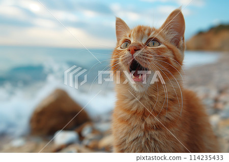 A surprise orange cat, yawing feline at beach, on sand 114235433