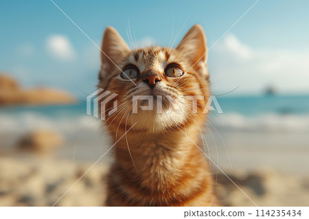 An orange cute cat at the beach on a sunny day An orange cute cat at the beach on a sunny day 114235434