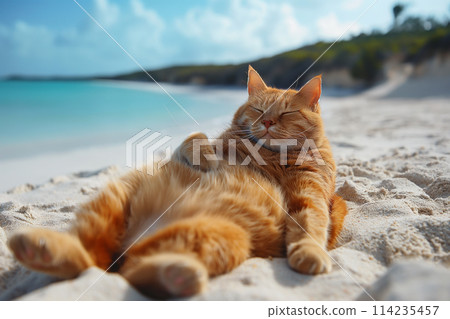Orange fat cat relax on a sand beach lay on sand 114235457