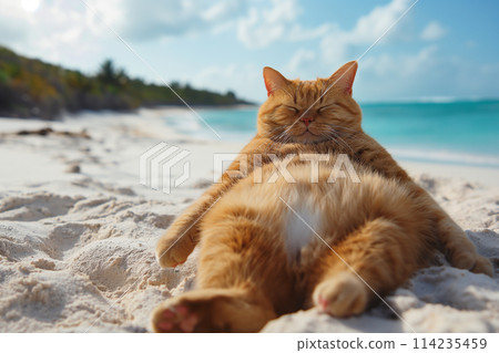 Orange fat cat relax on a sand beach lay on sand 114235459