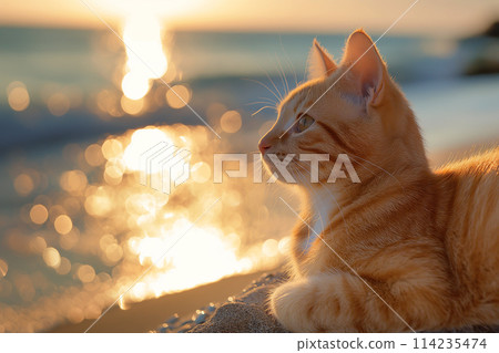 Orange cat relaxing watching sunset on beach 114235474