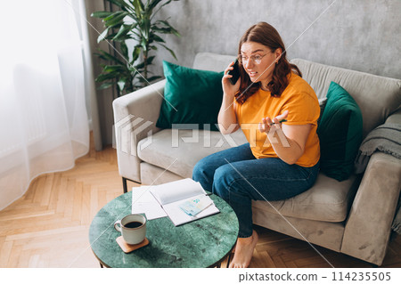 Angry 30s redhead Woman with financial bills talking on smart phone. Debt, bankruptcy. The concept of increasing tariffs for services Angry 30s redhead Woman with financial bills talking on smart phone. Debt, bankruptcy. The concept of increasing tariffs for services 114235505