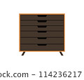 Chest of drawers, bedside table set vector. Wooden textures. Cartoon house equipment for interior. Illustration of furniture isolated 114236217