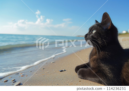Black cat sitting on a beach looking at the sea. Black cat sitting on a beach looking at the sea. 114236231