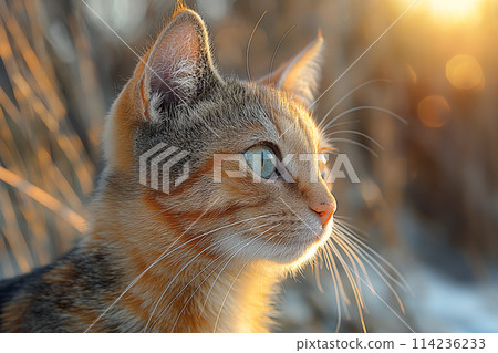 Close up of a cat in a beach with sunlight highlighting its fur and features Close up of a cat in a beach with sunlight highlighting its fur and features 114236233