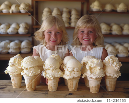 A single scoop of vanilla ice cream on a waffle cone with two children. Ice cream shop A single scoop of vanilla ice cream on a waffle cone with two children. Ice cream shop 114236263
