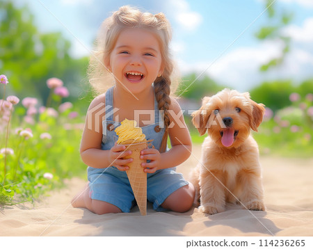 A joyful child with an ice cream cone beside a puppy in a sunny field. A joyful child with an ice cream cone beside a puppy in a sunny field. 114236265