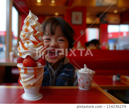 A joyful child smiles beside a large strawberry topped soft serve ice cream. A joyful child smiles beside a large strawberry topped soft serve ice cream. 114236274