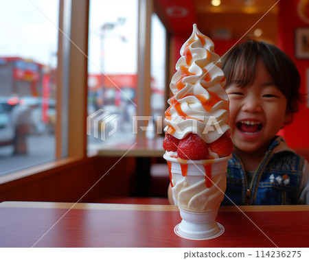 A joyful child smiles beside a large strawberry topped soft serve ice cream. 114236275