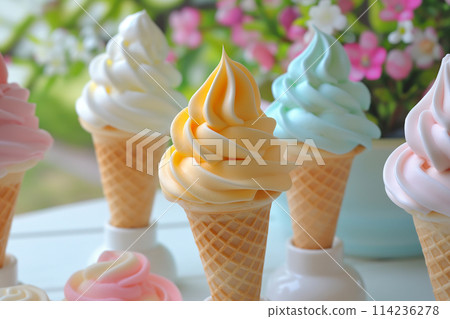 Variety of ice cream flavors in cones with toppings Variety of ice cream flavors in cones with toppings 114236278