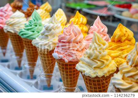 Variety of ice cream flavors in cones with toppings Variety of ice cream flavors in cones with toppings 114236279