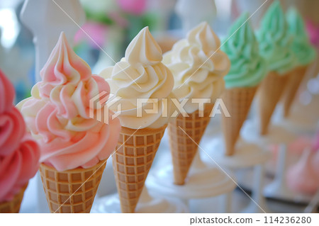 A row of ice cream cones are lined up on a table. 114236280