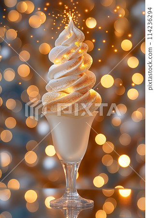 A single scoop of vanilla ice cream on a waffle cone. 114236294