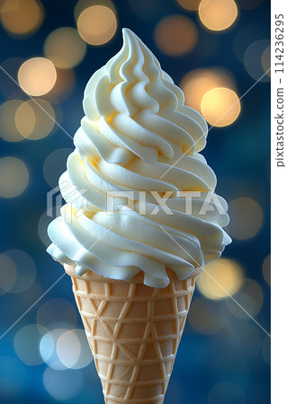 A single scoop of vanilla ice cream on a waffle cone. 114236295