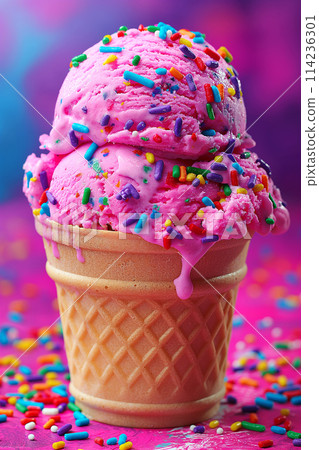 Scoops of multicolored ice cream in a cone with sprinkles and a blurred background. Scoops of multicolored ice cream in a cone with sprinkles and a blurred background. 114236301
