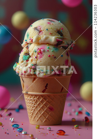 Scoops of multicolored ice cream in a cone with sprinkles and a blurred background. 114236303