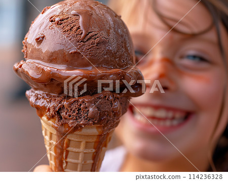 Child smiling behind a large melting chocolate ice cream cone Child smiling behind a large melting chocolate ice cream cone 114236328