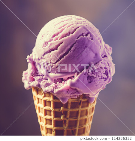 Close up of a single scoop of purple ice cream in a cone. 114236332