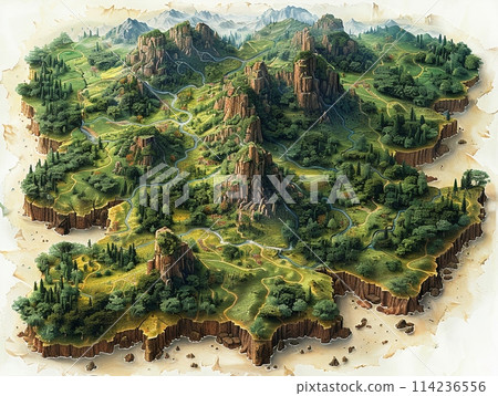 Map of a fictional world with diverse biomes 114236556