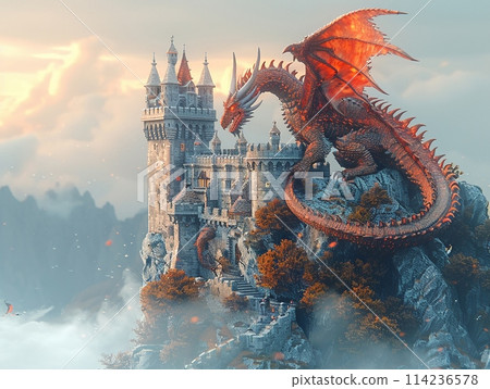 Dragon perched atop a castle 114236578