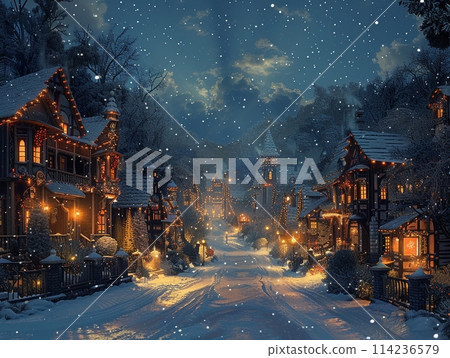 Christmas scene in a cozy anime town filled with warmth 114236579