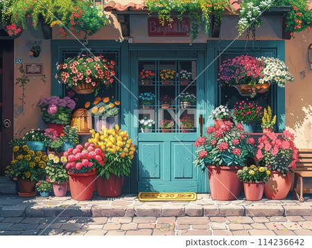 Flower shop on a sunny day 114236642