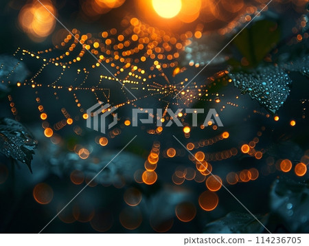Water droplets on a spider web 114236705