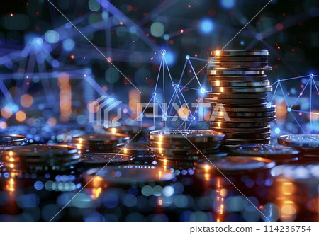 Double exposure of coin stack with financial graph and city background with light and bokeh. Investment and saving concept. 114236754