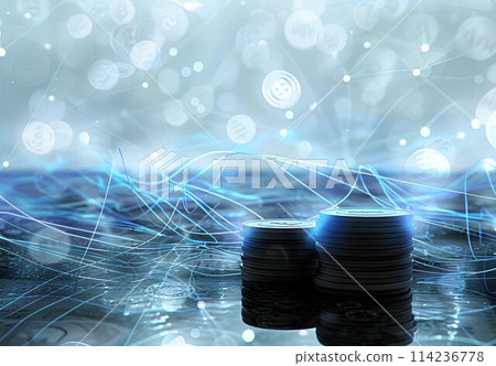 Double exposure of coin stack with financial graph and city background with light and bokeh. Investment and saving concept. 114236778