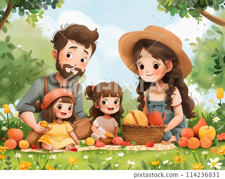 Cartoon family enjoying a picnic in the park Cartoon family enjoying a picnic in the park 114236831