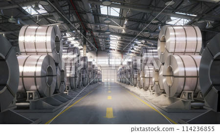 Rolls of metal sheet. Zinc, aluminium or steel sheet rolls on warehouse of factory. 114236855
