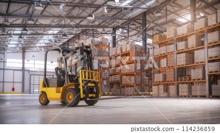 Retail warehouse full of shelves with cardboard boxes and packages. Logistics, storage, and delivery industrial background. 114236859