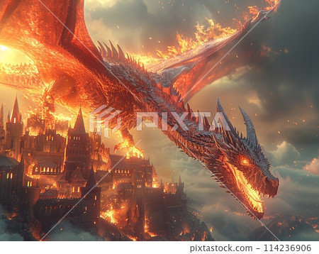 Dragon soaring above a medieval castle Dragon soaring above a medieval castle 114236906